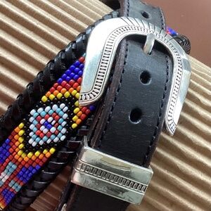 Southwestern themed beaded belt, black leather, 32"